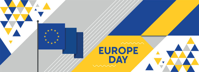 Europe national or independence day banner design for European celebration. Flag of European Union with modern retro design and abstract geometric icons. Vector illustration.