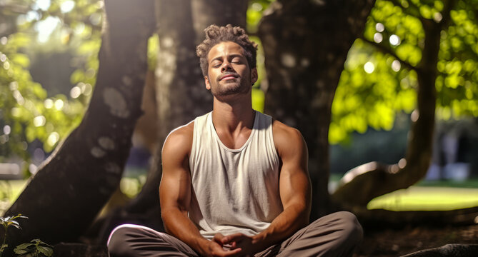 Mindful Moments: Young Male Practicing Meditation at Park