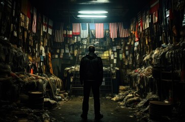 man silhouetted in front of stacks of flags,