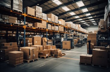 warehouse spaces with many boxes and racks