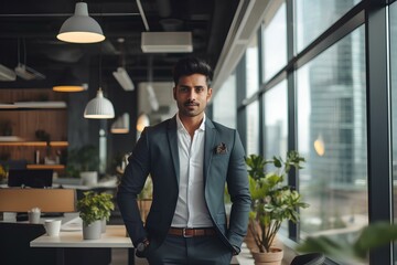 An Indian male entrepreneur in office, his wisdom and character etched in every line, set against the urban modern interior backdrop. generative AI - obrazy, fototapety, plakaty
