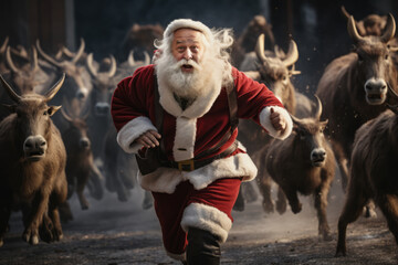 Scared Santa Claus running from the reindeer's.  AI generative art - obrazy, fototapety, plakaty