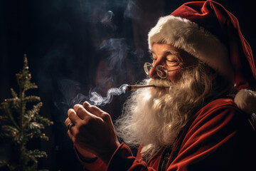 New Year concept with Santa Claus smoking marijuana joint. AI generative art - obrazy, fototapety, plakaty