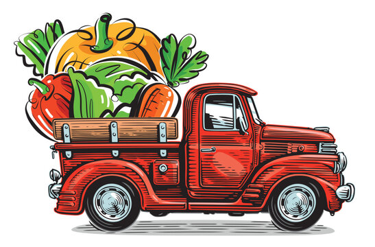 Retro farm pickup truck and organic fresh vegetables. Natural healthy food vector illustration