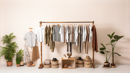 A Wooden Rack with Neutral Clothing and Accessories: A Photo of Fashion and Style