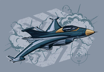 Military aircraft flying on grunge arrow background. Jet fighter poster.