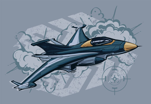 Military aircraft flying on grunge arrow background. Jet fighter poster.