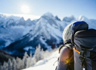 Fototapeta na wymiar Hiking Concept, Winter Hike, Mountains Outdoors Adventure