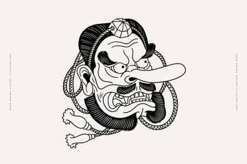 Tengu mask in line style. Japanese mythical deity. A traditional part of the Asian national masquerade costume. Vector illustration, coloring.