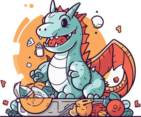 Naklejka premium Vector illustration of a cute dragon with a basket full of food.