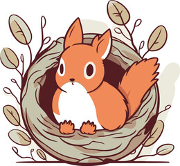 Cute squirrel sitting in a nest of leaves. Vector illustration.