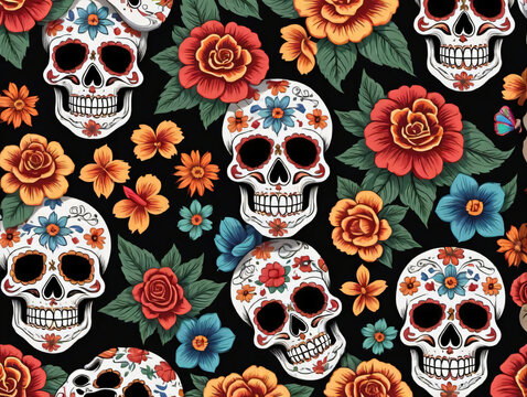 Seamless Day Of The Dead Skull With Flowers And Roses