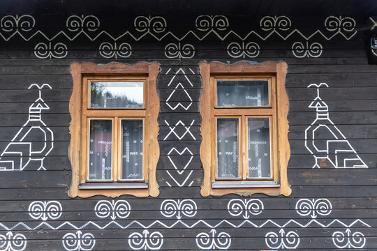Ornaments on wooden architecture in Cicmany village, Slovakia. 