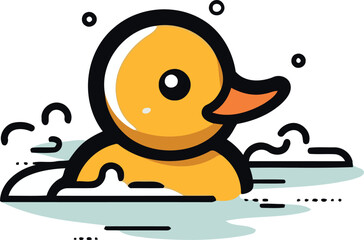 Obraz premium Cute yellow rubber duck toy swimming in water. Vector illustration.
