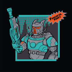Vector Robot with weapon. Robotically men poster. Robotic men with weapon and digital background. Robot cartoon character