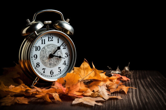 Daylight Savings Time Concept. Alarm clock in colorful autumn leaves against a dark background