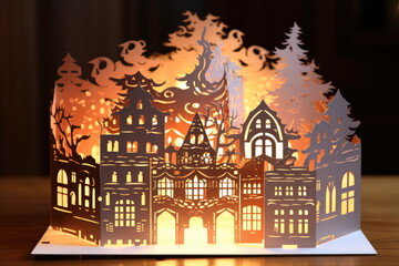 Fototapeta na wymiar Christmas cute fairytale town with houses, post card on dark background