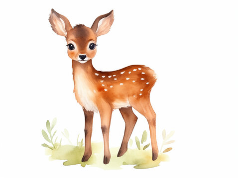 Watercolor illustration of little deer fawn isolated on white