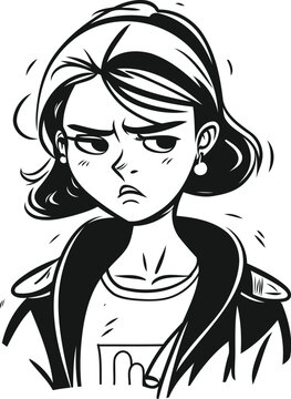 Angry girl. Vector illustration in black and white style on a white background.