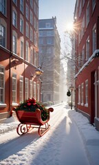 A Christmas Sleigh On A Snowy Street, The Surrounding Buildings Casting Playful Shadows.