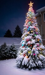 A Christmas Tree Outside, Covered In Snow, With Colorful Lights.