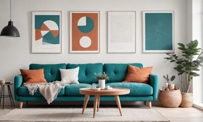 Teal Sofa And Terra Cotta Armchair Against A White Wall With Art Posters In A Scandinavian Style Living Room.