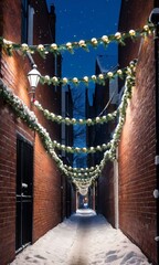 A Snowy Alleyway Decorated With Garlands And Illuminated By Streetlights.