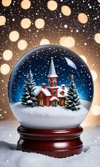 A Christmas Snow Globe With A Snowy Scene, Under Starry Skies.