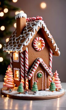 Photo Of Christmas Gingerbread House With Fairy Lights