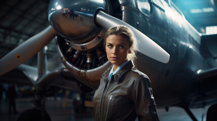 Portrait of a young blonde female pilot with a leather jacket in an hangar