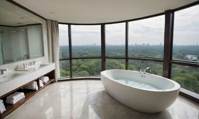 Fototapeta na wymiar Top View Of A Hotel Bathroom With A Panoramic Window.