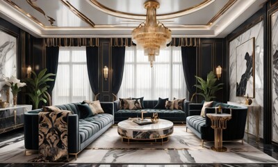 Fototapeta na wymiar Living Room Decor In Art Deco Glamorous Style With A Chandelier, Decorated With Velvet And Marble Material.