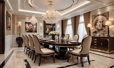 A Luxurious Dining Room Exuding Opulence And Sophistication, With The Camera Angle Emphasizing The Grandeur Of The Space.