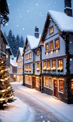 Photo Of Christmas Snowy Village With Lit Windows