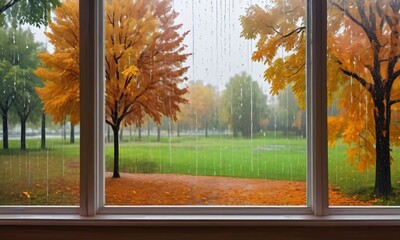 Rain Outside The Window With An Autumn Park Landscape.