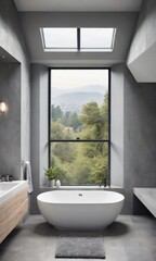Top View Of Grey Home Bathroom Interior With A Bathtub And Panoramic Window.