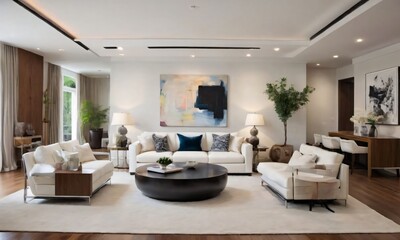 A Stylish Living Room Adorned With Modern Art And Elegant Furniture, Captured In A Camera Angle That Highlights The Spaciousness Of The Area.