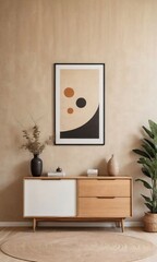 Wooden Dresser With Round Corners And An Art Poster On A Beige Stucco Wall In A Scandinavian Living Room.