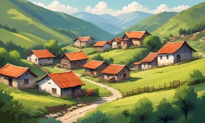 Fototapeta na wymiar Painting Style Illustration Of A Peaceful Small Rural Countryside Village On A Mountain Slope.