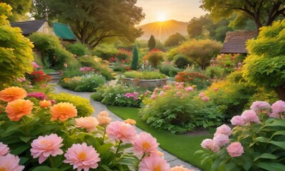 A Charming Garden Filled With Blooming Flowers And Lush Greenery, Under The Enchanting Light Of A Golden Sunset.
