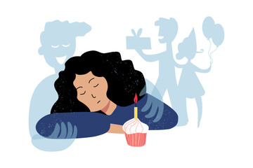 Birthday with cake. Holiday Solitude. Alone in festive. Support. Is Surrounded by family and friends during the holidays. Sketch vector illustration.