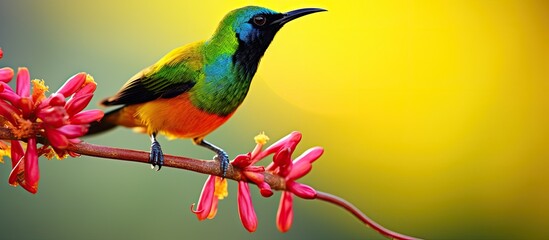 Colorful bird the green tailed sunbird observed up close