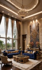 Fototapeta na wymiar A Luxurious Living Room Featuring Opulent Decor And Grandeur, With The Weather Condition Adding A Touch Of Mystique To The Ambiance.