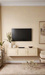 Cabinet For Tv Wall-Mounted With Decoration In A Living Room With A Cream-Colored Wall.