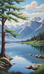 Painting Of A Lake With A Tree And Mountains.