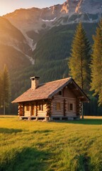 Fototapeta premium Wooden Log Cabin On A Meadow During Sunrise.
