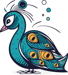 Peacock. Hand drawn vector illustration in doodle style.