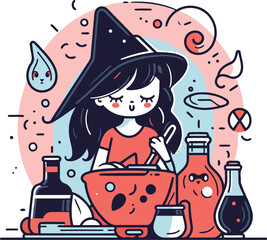 Cute little girl in witch costume preparing potion. Vector illustration.