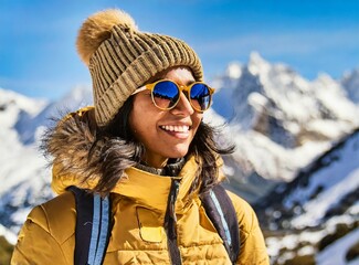 Fototapeta na wymiar Latin woman hiking mountains, winter travel, vacation. Hike concept