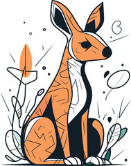Vector illustration of a cute cartoon kangaroo with flowers and leaves.
